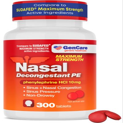 GenCare Nasal Decongestant PE  Phenylephrine HCl 10mg Tablets (Bulk 300 Count) Non-Drowsy Sinus Pressure Relief & Nasal Congestion Relief, Stuffy Nose Decongestants for Adults  Compare to Sudafed PE