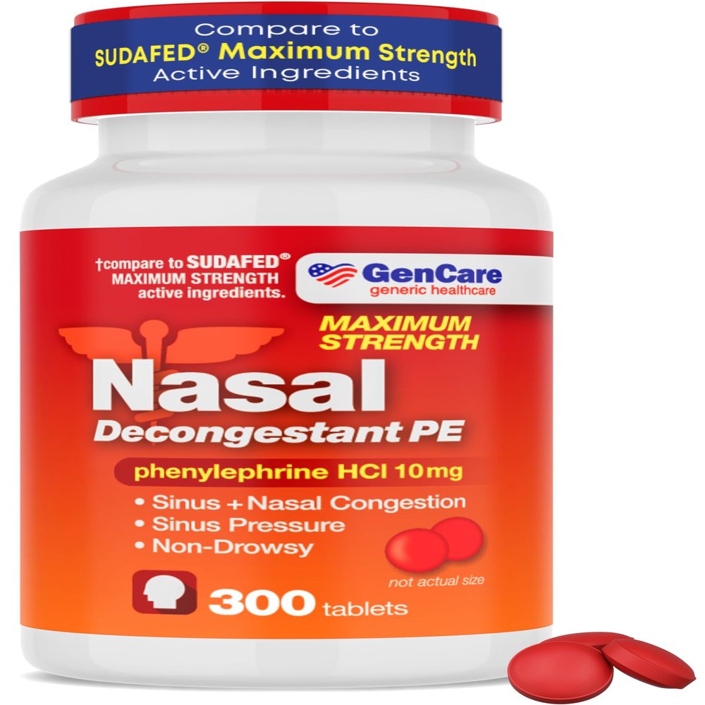 GenCare Nasal Decongestant PE Phenylephrine HCl 10mg Tablets (Bulk 300 Count) Non-Drowsy Sinus Pressure Relief & Nasal Congestion Relief, Stuffy Nose Decongestants for Adults Compare to Sudafed PE