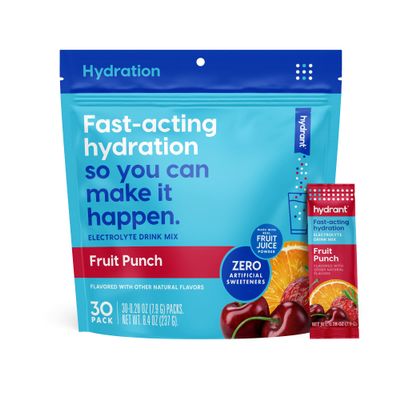 HYDRANT - Hydrate Electrolyte Powder, Fruit Punch Flavor, 30 Rapid Hydration Individual Stick Packs - Low Sugar Drink Mix for Daily Use, Travel & Workouts