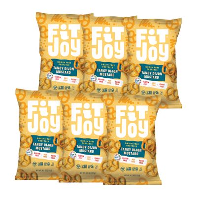 FitJoy Tangy Dijon Mustard Pretzels (Pack of 6, 4.5 Oz) - Dairy, Nut & Gluten Free Snacks - Grain Free Cassava Root & Chickpea Flour Vegan Pretzel Twists - Tangy Snack Pretzels for Children & More