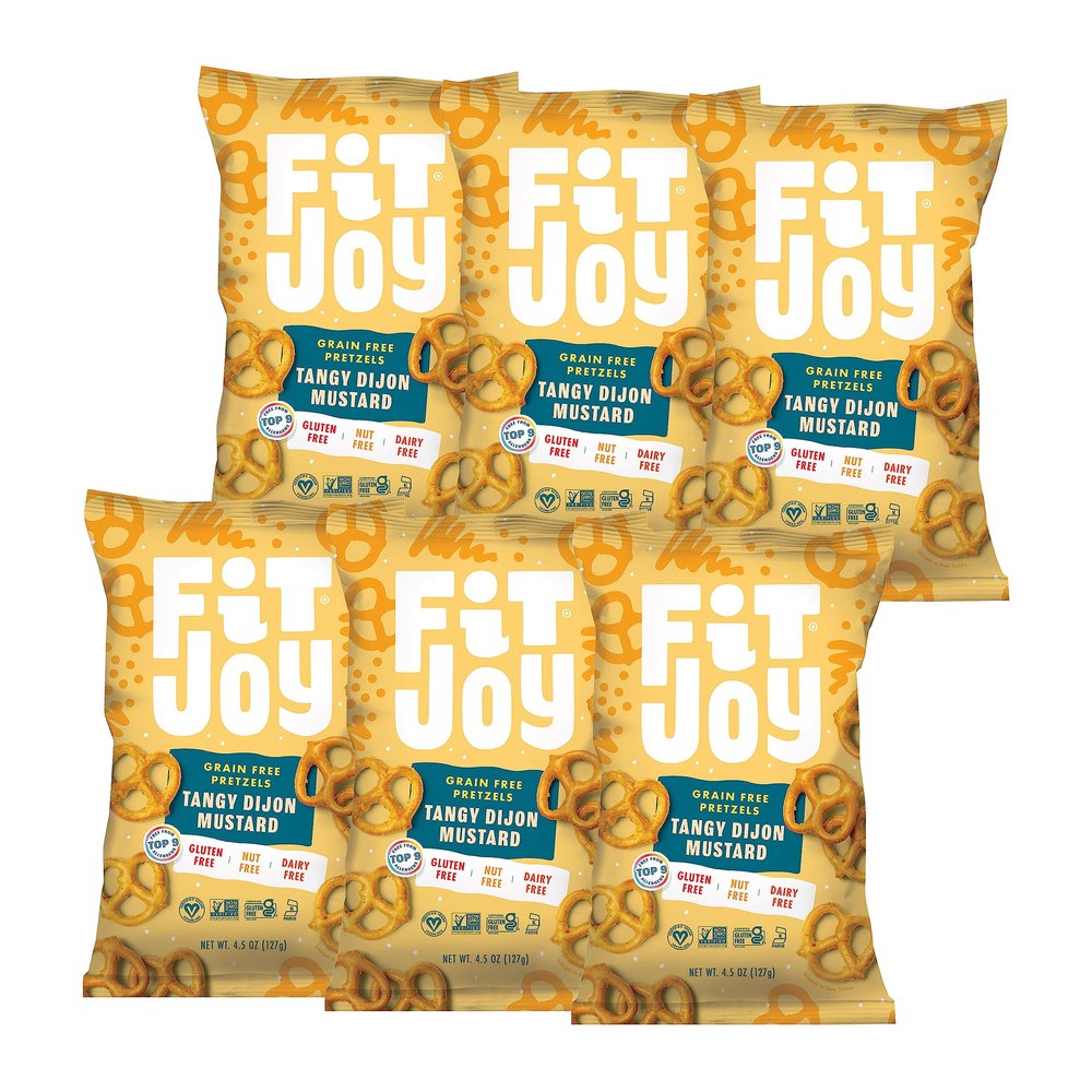 FitJoy Tangy Dijon Mustard Pretzels (Pack of 6, 4.5 Oz) - Dairy, Nut & Gluten Free Snacks - Grain Free Cassava Root & Chickpea Flour Vegan Pretzel Twists - Tangy Snack Pretzels for Children & More