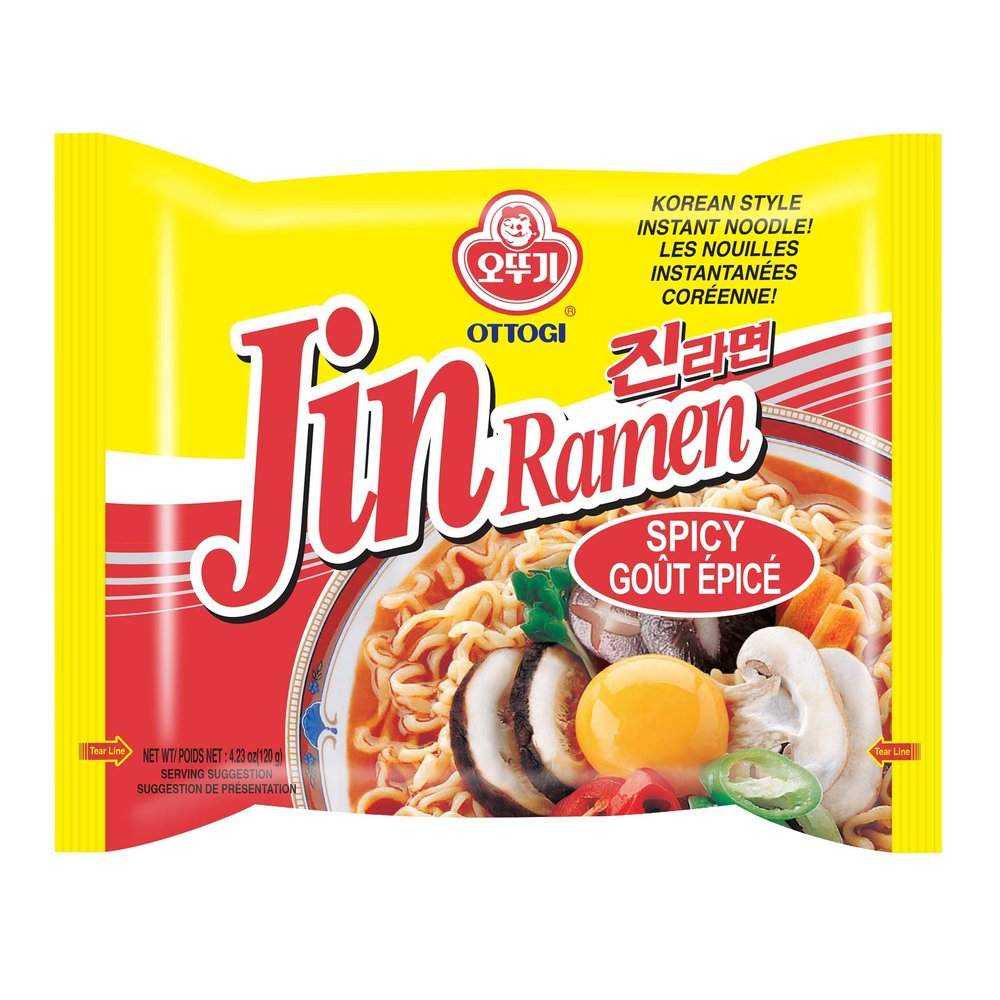 OTTOGI Jin Ramen Spicy, Korean Style Instant Noodle, Best Tasting Soup Traditional Instant Ramen 4.23oz x 8 Pack