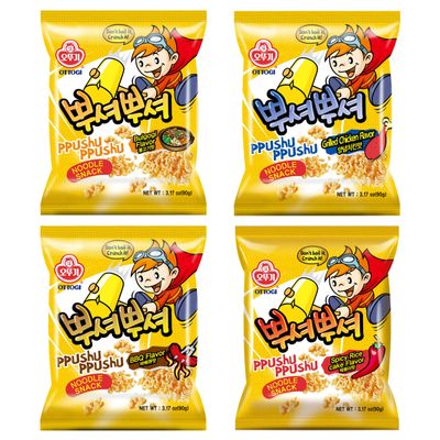 OTTOGI PPUSHU PPUSHU Crush to Eat Noodle Snack- 1 of each Bbq, Bulgogi, Grilled Chicken, Spicy Rice Cake Flavors Variety Pack (90g) - 4 Pack