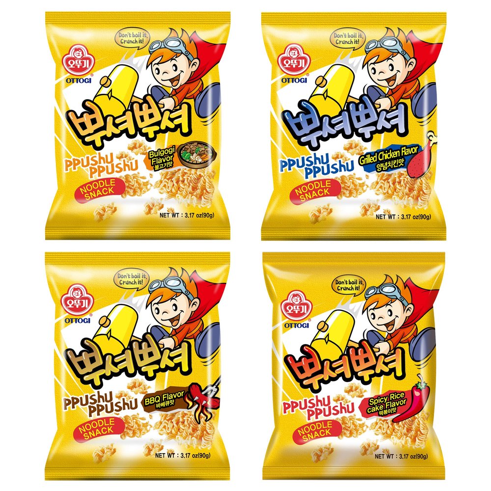 OTTOGI PPUSHU PPUSHU Crush to Eat Noodle Snack- 1 of each Bbq, Bulgogi, Grilled Chicken, Spicy Rice Cake Flavors Variety Pack (90g) - 4 Pack