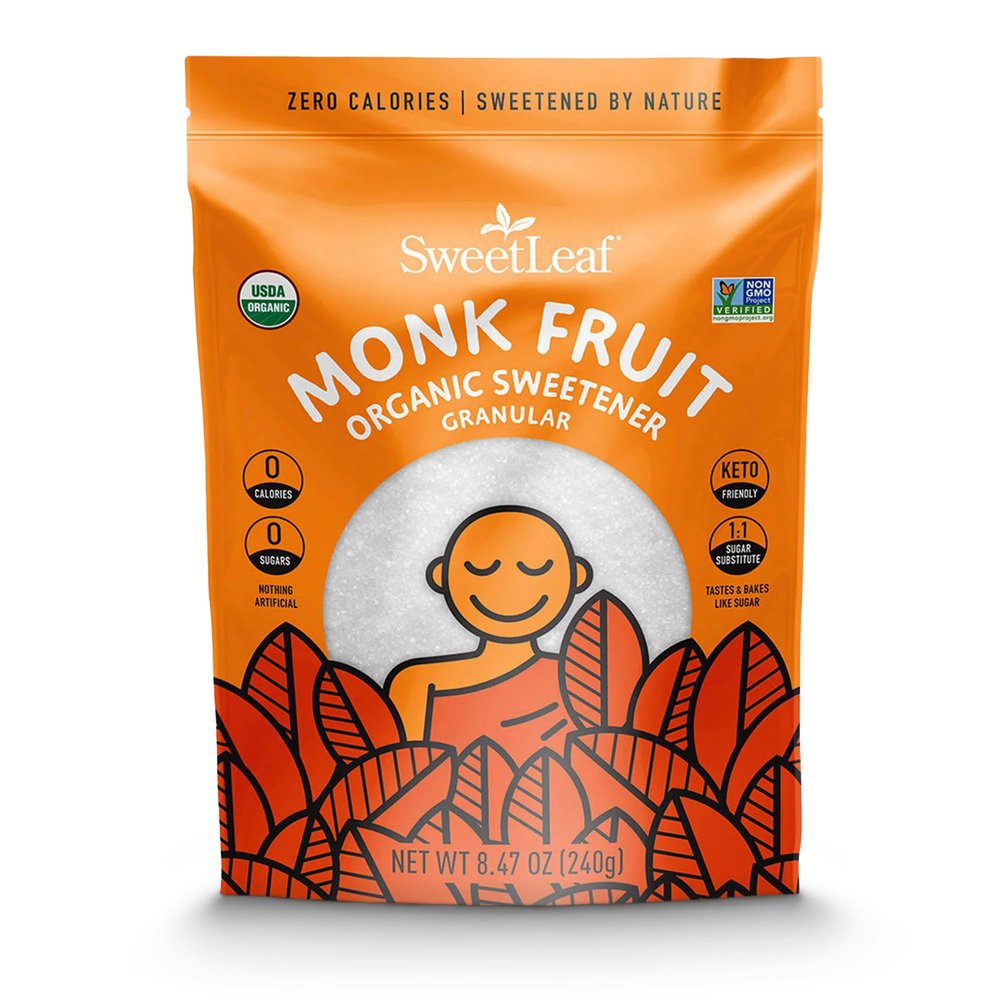 SweetLeaf Organic Monk Fruit Sweetener, Granular - Keto Friendly Natural Sugar Substitute for Coffee, Tea, and Baking, Zero Calorie, Organic Monk Fruit, Non GMO, Sugar Free - 8.47 Oz Bag