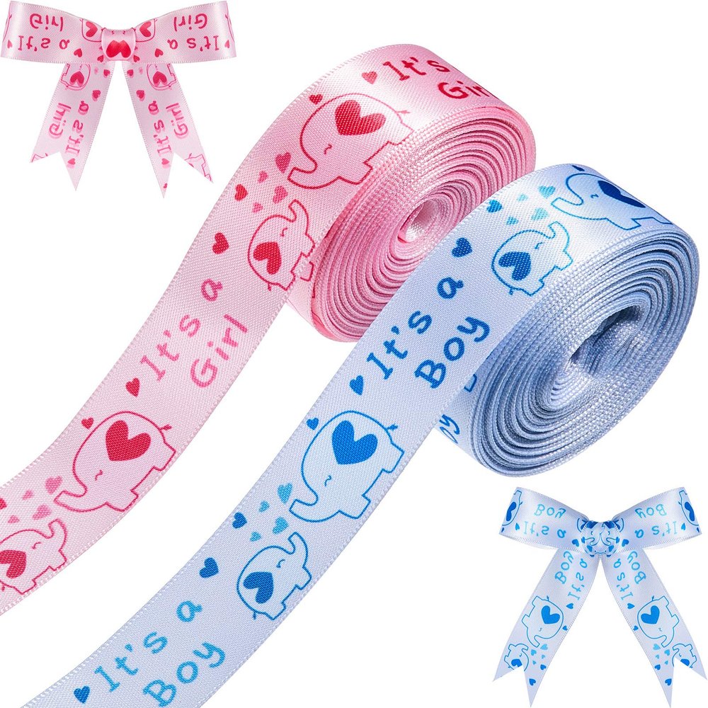 2 Rolls/ 20 Yards Elephant Satin Ribbon Baby Shower Theme Satin Ribbon Birthday Theme Gender Reveal Wrapping Ribbons for DIY Hair Bows Wreath Baby Shower Decoration Diaper Cake Wrapping, 2 Styles