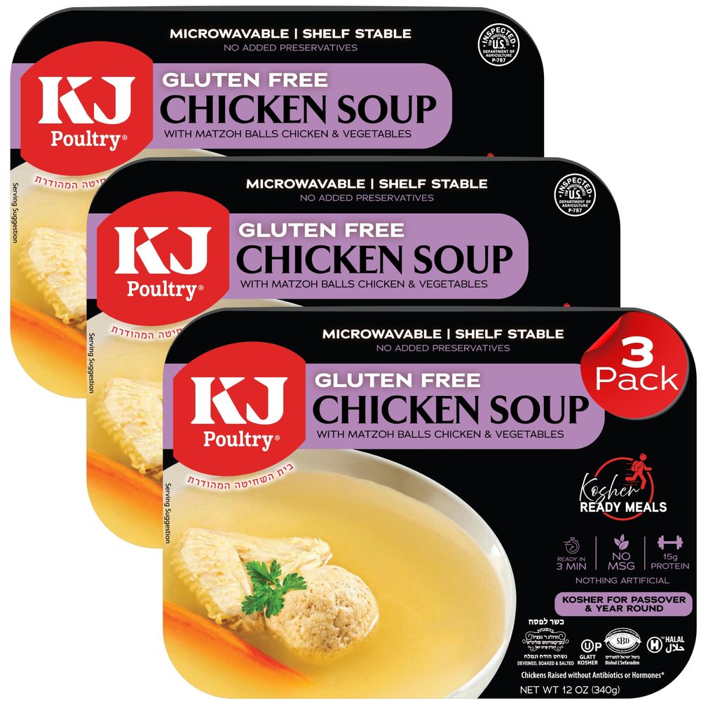 KJ Poultry Kosher for Passover Gluten Free Meals, Chicken Soup with Non Gebrokts Matzo Balls, Halal, (3 Pack) Prepared Entree Fully Cooked, Shelf Stable Microwave Dinner, Travel Military Camping