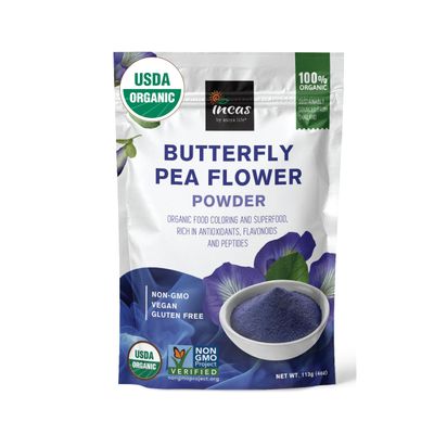 INCAS 100% USDA Organic Butterfly Pea Flower Powder (4 Ounce) | Organic Blue Matcha Tea | Non-GMO Verified Extract from Thailand | Natural Blue Food Coloring | Adaptogenic Raw Culinary | Vegan