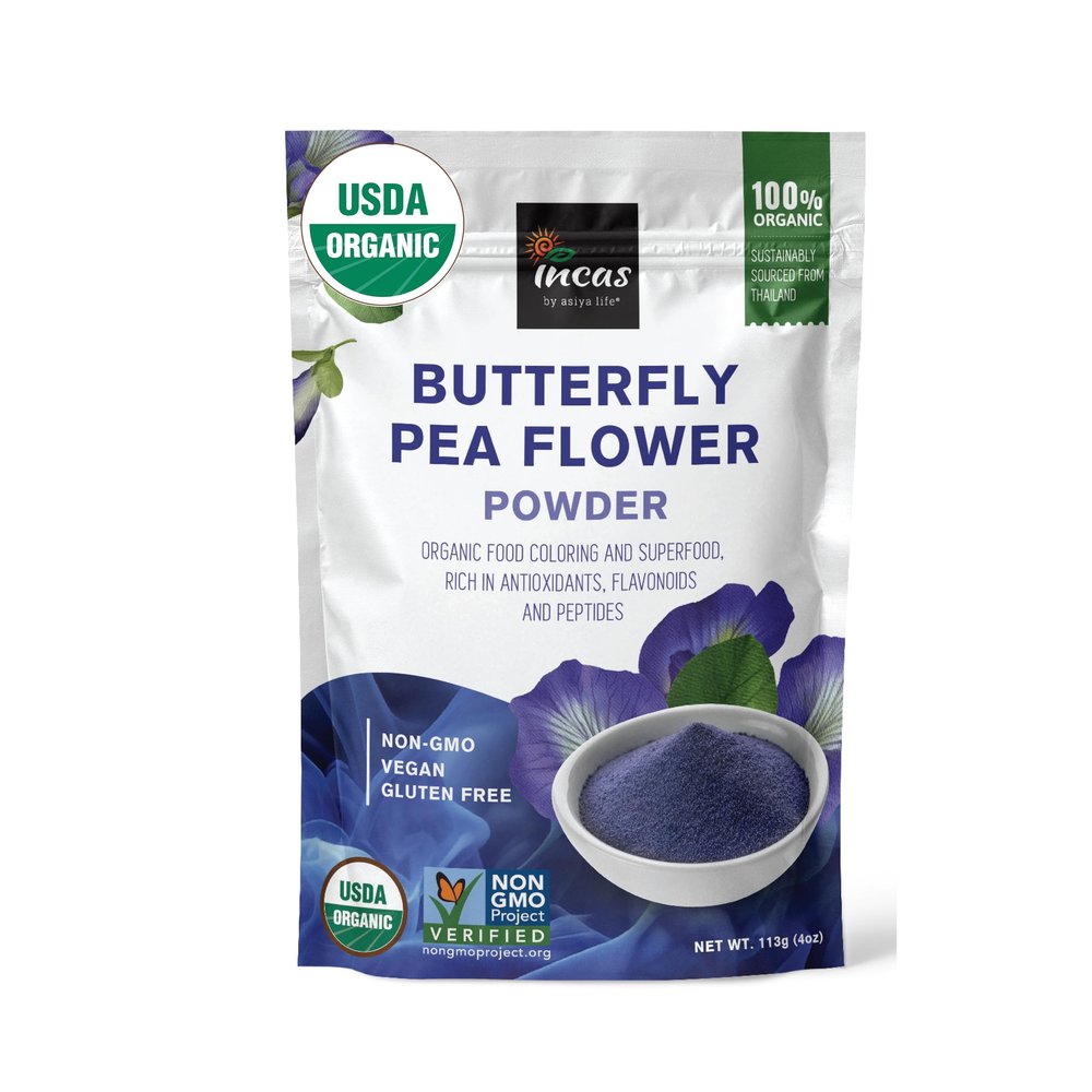 INCAS 100% USDA Organic Butterfly Pea Flower Powder (4 Ounce) | Organic Blue Matcha Tea | Non-GMO Verified Extract from Thailand | Natural Blue Food Coloring | Adaptogenic Raw Culinary | Vegan