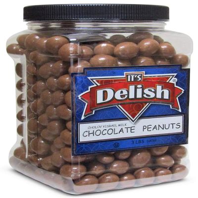Gourmet Milk Chocolate Covered Peanuts by Its Delish  3LBS Jumbo Reusable Container  Premium Dairy Chocolate Coated Peanuts