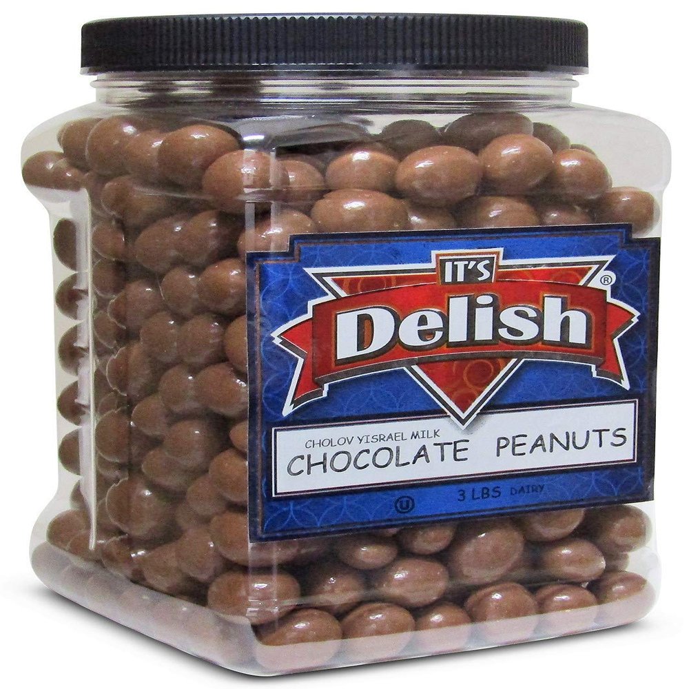 Gourmet Milk Chocolate Covered Peanuts by Its Delish 3LBS Jumbo Reusable Container Premium Dairy Chocolate Coated Peanuts