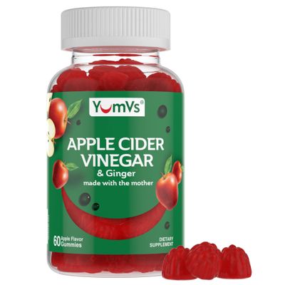 YUM-V'S Apple Cider Vinegar Gummies  ACV Gummies with Ginger & The Mother  Supports Metabolism, Vitality & Daily Wellness  Natural Apple Flavor Vegan, Non-GMO, Gluten-Free, Cider Gummy  60 Count