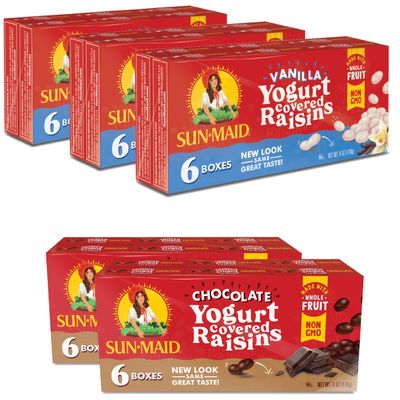 Sun-Maid  Yogurt Raisins Variety Pack (Pack Of 30), Vanilla (Pack Of 18), Chocolate (Pack Of 12), Dried Fruit, Non-GMO, Healthy Lunch Box Snack