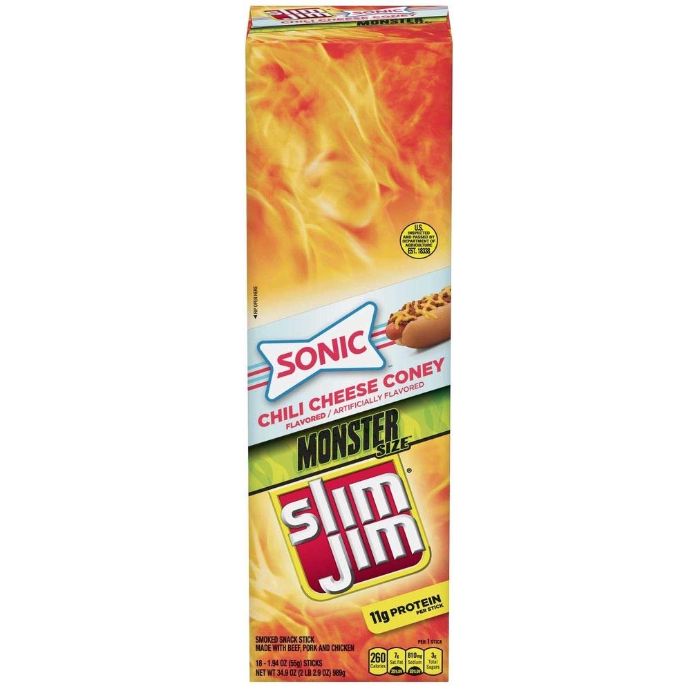Slim Jim Monster Size Sonic Chili Cheese Coney Flavor Meat Sticks, 1.94 Ounce -- 108 per case.