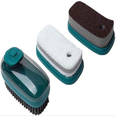 3 in 1 Soap Dispensing Clean Brush Set, Scrub Brush & Grout Scraper and Scrub Sponge Scouring Pads Carborundum Pads Emery Cleaner Scraper for Bathroom, Floor, Tub, Shower, Tile, Bathroom and Kitchen
