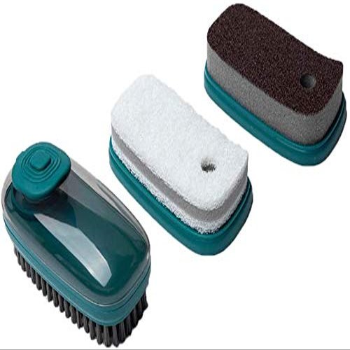 3 in 1 Soap Dispensing Clean Brush Set, Scrub Brush & Grout Scraper and Scrub Sponge Scouring Pads Carborundum Pads Emery Cleaner Scraper for Bathroom, Floor, Tub, Shower, Tile, Bathroom and Kitchen