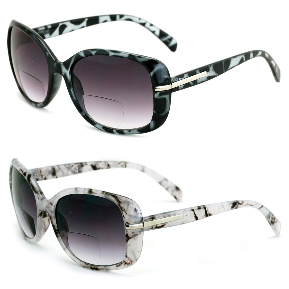 2 Pairs Women's Bifocals Reading Sunglasses Reader Glasses Vintage Outdoor Black and Leopard (2 Pairs (Grey/Mica), 1.75)