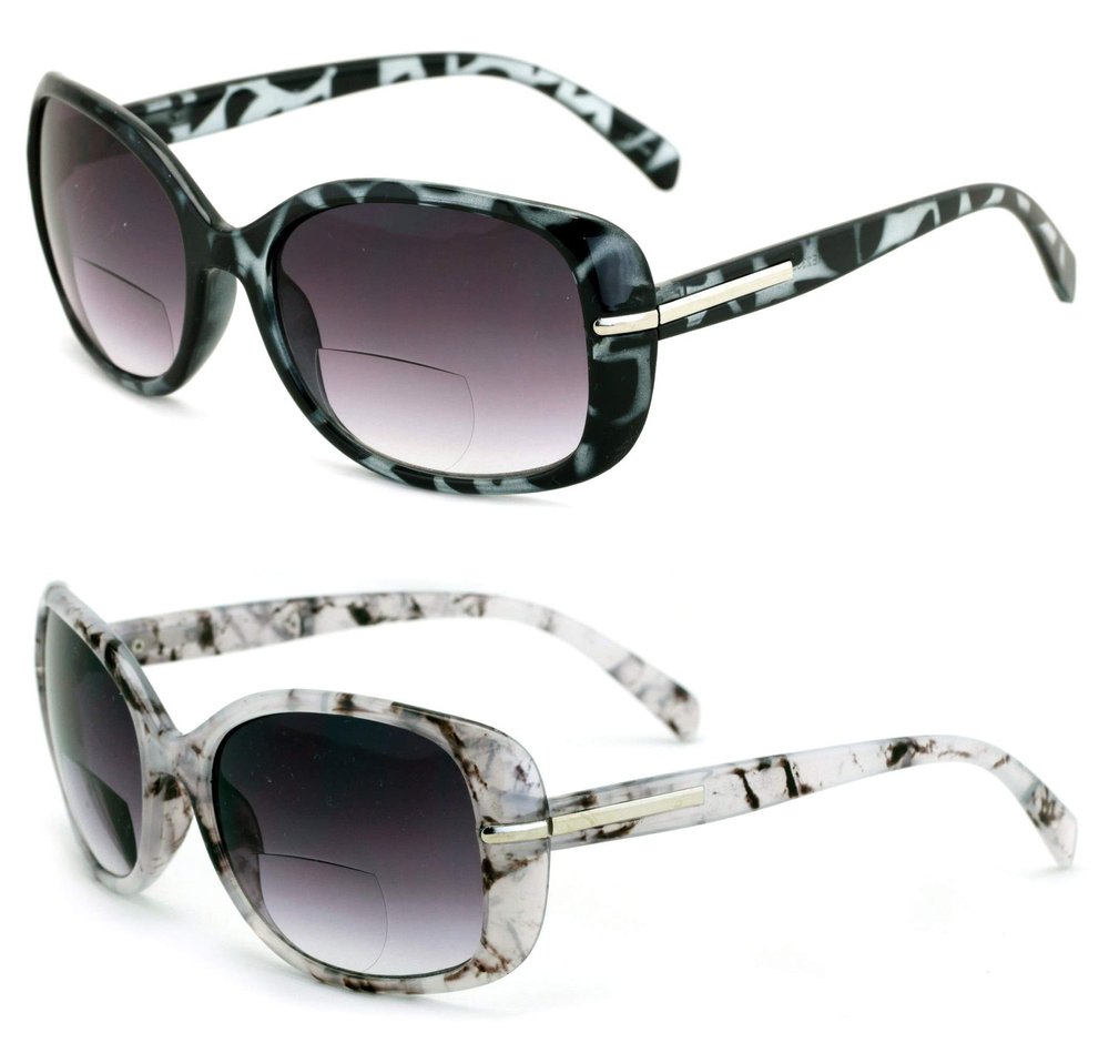 2 Pairs Women's Bifocals Reading Sunglasses Reader Glasses Vintage Outdoor Black and Leopard (2 Pairs (Grey/Mica), 2.00)