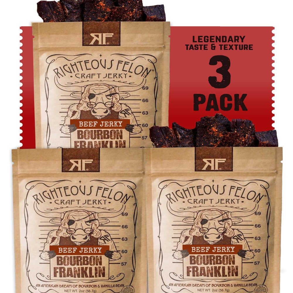 Righteous Felon Beef Jerky - Bourbon Franklin Flavor - All-Natural Bourbon Jerky - Locally Sourced & Dried Beef - Low-Sugar, High-Protein, Healthy Snacks - 2 Ounces Each, Pack of 3