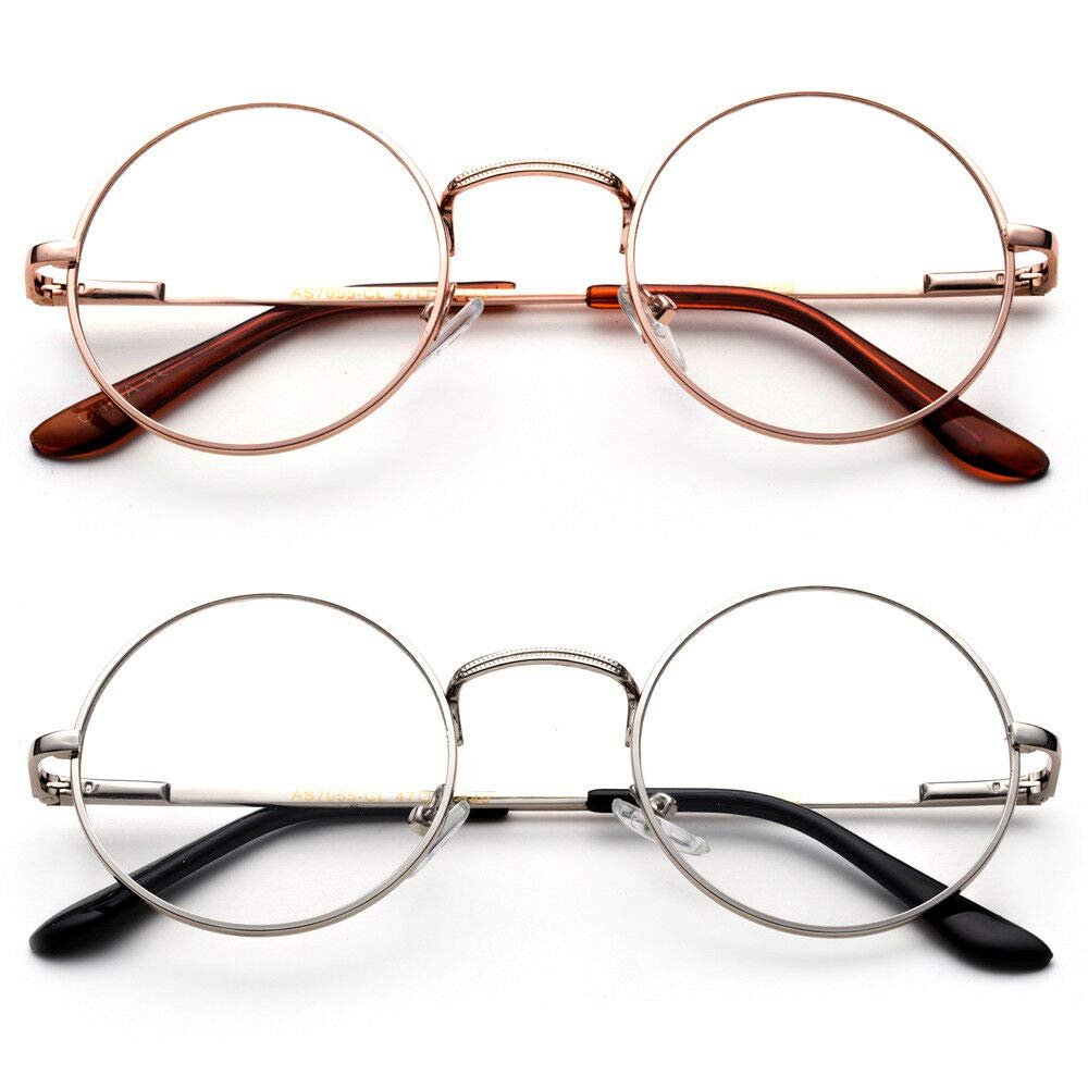 2 Pairs Men Women Hippie Reading Glasses Vintage Style Spring Hinged (2 Pairs - Silver + Gold, 3.00)
