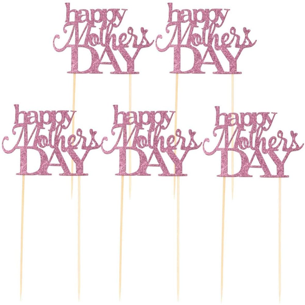 5pcs Happy Mothers Day Cake Toppers Cupcake Topper Glitter Cake Picks for Birthday Party Mothers Day Cake Decoration - Purple