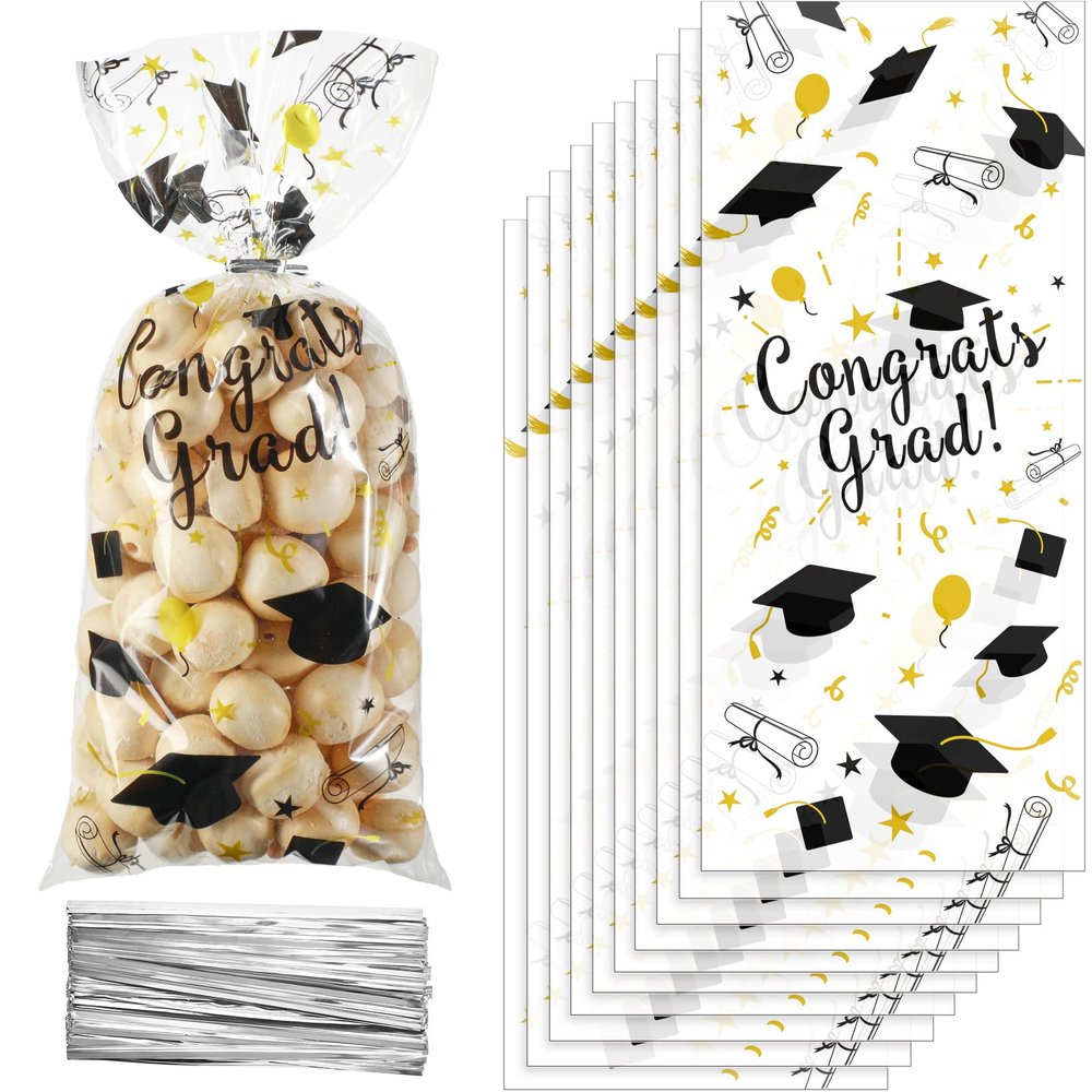 Blulu 100 Pieces Graduation Cellophane Treat Bags Congrats Graduates Candy Plastic Goodie Wrapping Gift Bags with 100 Silver Twist Ties for Grad Party Supplies(Black Gold)