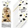 Blulu 100 Pieces Graduation Cellophane Treat Bags Congrats Graduates Candy Plastic Goodie Wrapping Gift Bags with 100 Silver Twist Ties for Grad Party Supplies(Black Gold) view 1