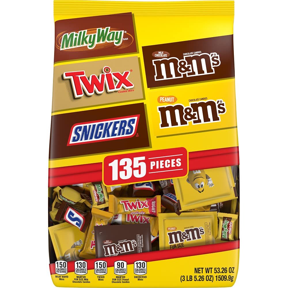 M&M'S Milk Chocolate, M&M'S Peanut, SNICKERS Chocolate Candy, TWIX Caramel Cookie Bar & MILKY WAY Caramel Milk Chocolate Bulk Halloween Candy Assortment, 53.26oz (135 Pieces)