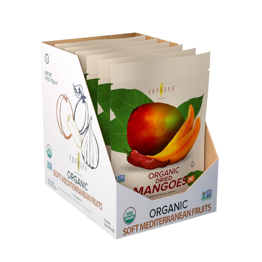 Amphora Hot Spicy Organic Mango Healthy Snack Dried Fruits Vegan Kosher Gluten Free, Vegan, Keto - 3 Oz Each Bag (Pack of 6)