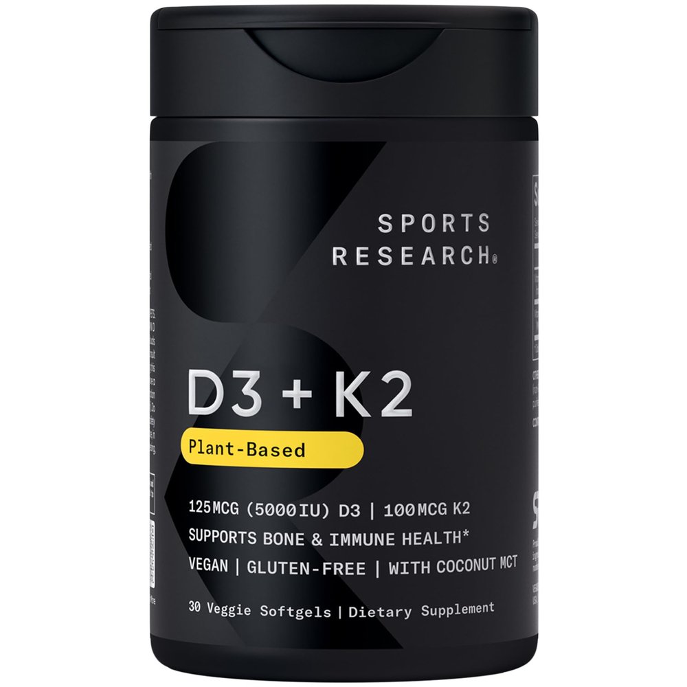Sports Research Vitamin D3 + K2 w/Coconut Oil - Vegan Vitamin D 5000iu (125mcg) & Mk7 Vitamin K 100mcg for Bone & Immune Support - Vegan Certified Non-GMO Soy Free - 30 Softgels