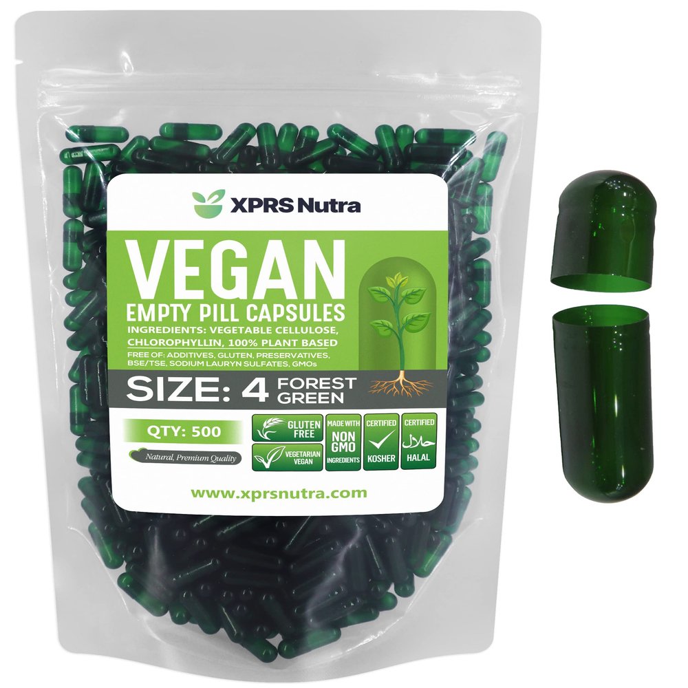 XPRS Nutra Size 4 Empty Capsules - 500 Count Small Empty Vegan Capsules - DIY Vegetable Capsule Filling - Fillable Do-It-Yourself Veggie Pill Caps for Supplements (Forest Green)
