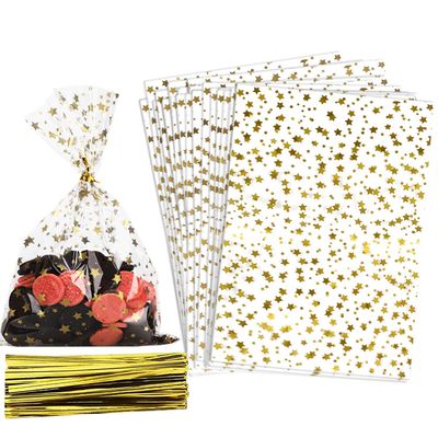 COQOFA 100 Pcs Star Printed 3"X 5" Gift Wrap Cello Cellophane Treat Bags Party Favor bags Clear Candy Cookie Bags Plastic Poly Goodie Storage Bags with Twist Ties for Bakery,Birthday, Wedding ,Party Decorations (Gold)