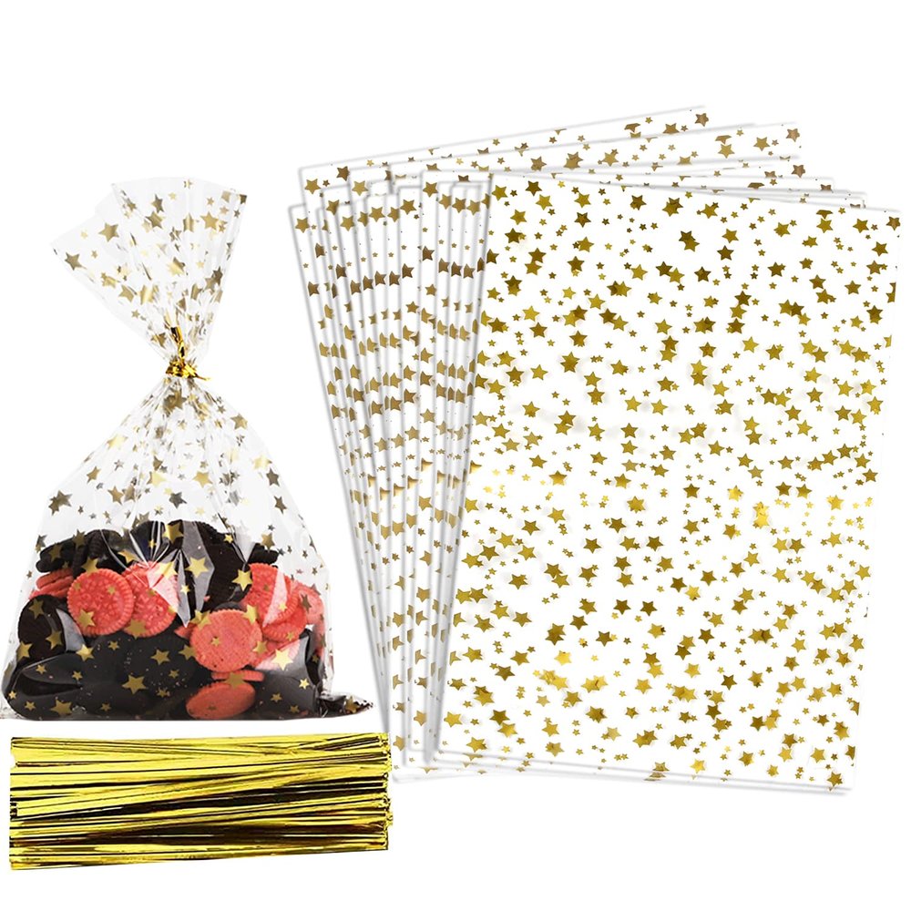 COQOFA 100 Pcs Star Printed 3"X 5" Gift Wrap Cello Cellophane Treat Bags Party Favor bags Clear Candy Cookie Bags Plastic Poly Goodie Storage Bags with Twist Ties for Bakery,Birthday, Wedding ,Party Decorations (Gold)