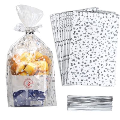 COQOFA 100 Pcs Star Printed 8"X 12" Gift Wrap Cello Cellophane Treat Bags Party Favor bags Clear Candy Cookie Bags Plastic Poly Goodie Storage Bags with Twist Ties for Bakery,Birthday, Wedding ,Party Decorations (Silver)