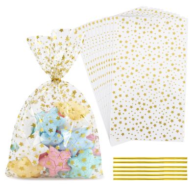 LEOSINDA Cellophane Treat Bags,100 Pcs Clear Gold Star Cellophane Bags,8 X 12 Inches Twist Ties for Gift Wrapping,Packaging Candies,Dessert,Bakery, Cookies, Chocolate,Party Favor, Gold Star Printed