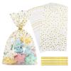 LEOSINDA Cellophane Treat Bags,100 Pcs Clear Gold Star Cellophane Bags,8 X 12 Inches Twist Ties for Gift Wrapping,Packaging Candies,Dessert,Bakery, Cookies, Chocolate,Party Favor, Gold Star Printed view 1