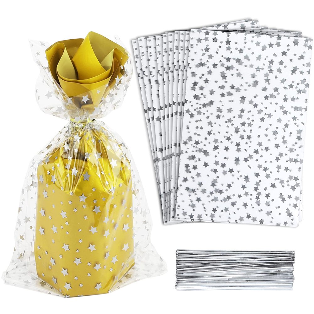COQOFA 100 Pcs Star Printed 7"X 12" Gift Wrap Cello Cellophane Treat Bags Party Favor bags Clear Candy Cookie Bags Plastic Poly Goodie Storage Bags with Twist Ties for Bakery,Birthday, Wedding ,Party Decorations (Silver)