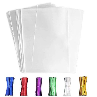 LEOSINDA 50 Pcs 11x14 Inch Clear Cellophane Treat Bags  Large Gift Wrapping & Party Favors Bags with 6 Color Twist Ties, Food-Safe Bulk Goodie Bags for Candy, Cookies, Wedding Favors