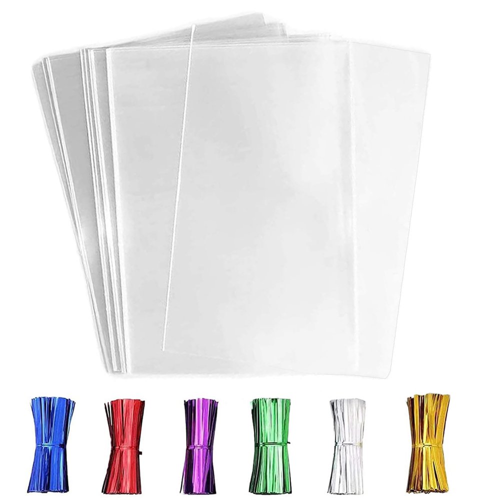 LEOSINDA 50 Pcs 11x14 Inch Clear Cellophane Treat Bags  Large Gift Wrapping & Party Favors Bags with 6 Color Twist Ties, Food-Safe Bulk Goodie Bags for Candy, Cookies, Wedding Favors