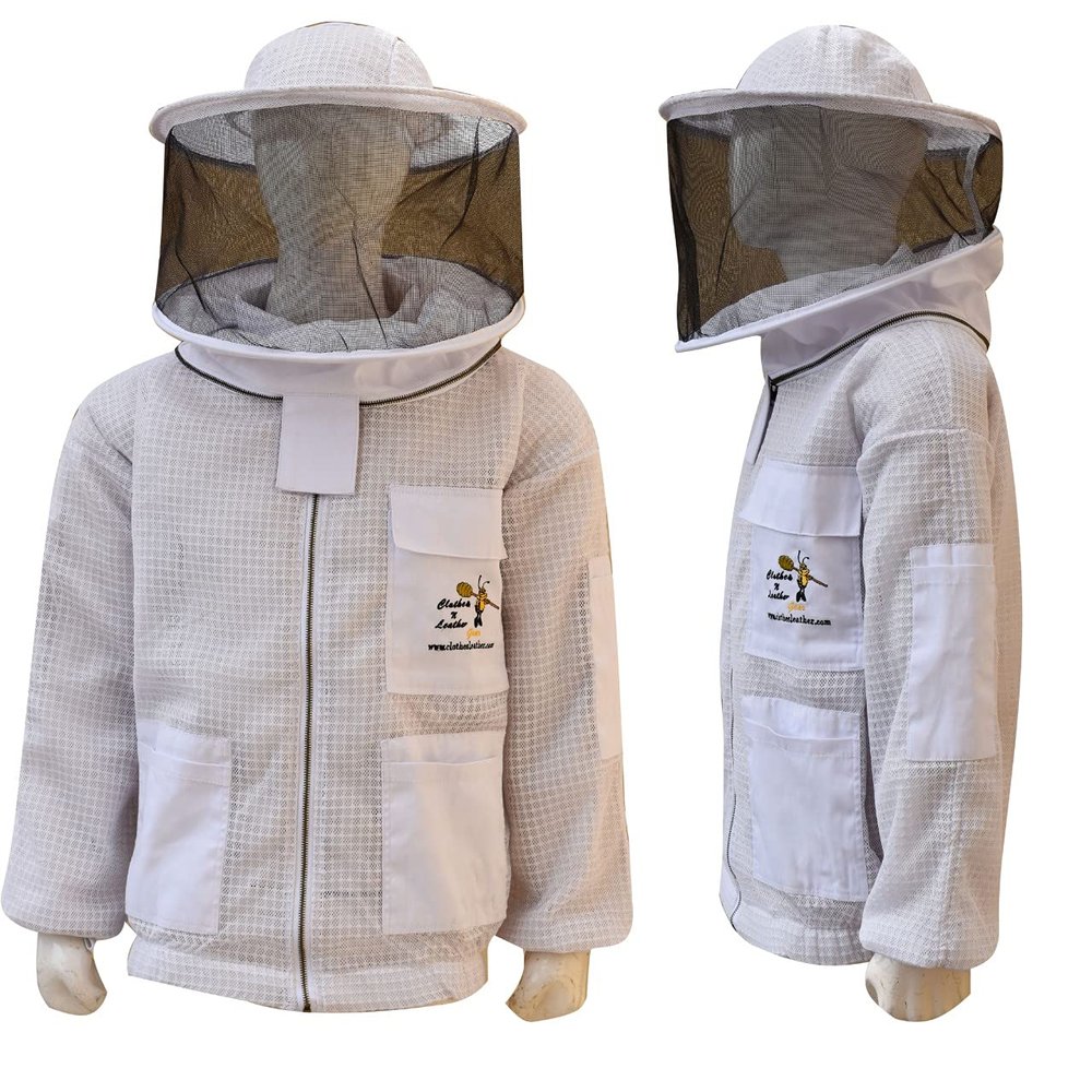 Clothes N Leather Gear Beekeeping Three Layer Mesh Ultra Ventilated Jacket Fully Protection Jacket with Round Veil Colors (White, 3XL)