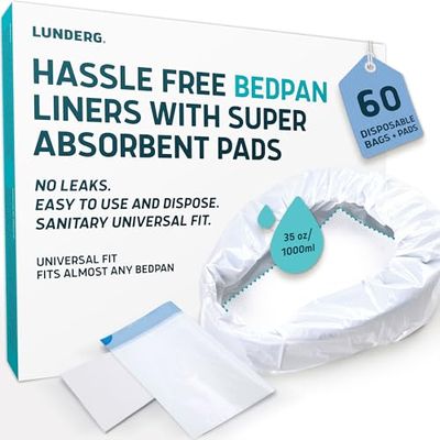 Lunderg Bedpan Liners with Super Absorbent Pads - Value Pack 60 Count - Medical Grade & Universal Fit - Bed Pans for Females, Elderly Men and Women - Make Life so Much Easier