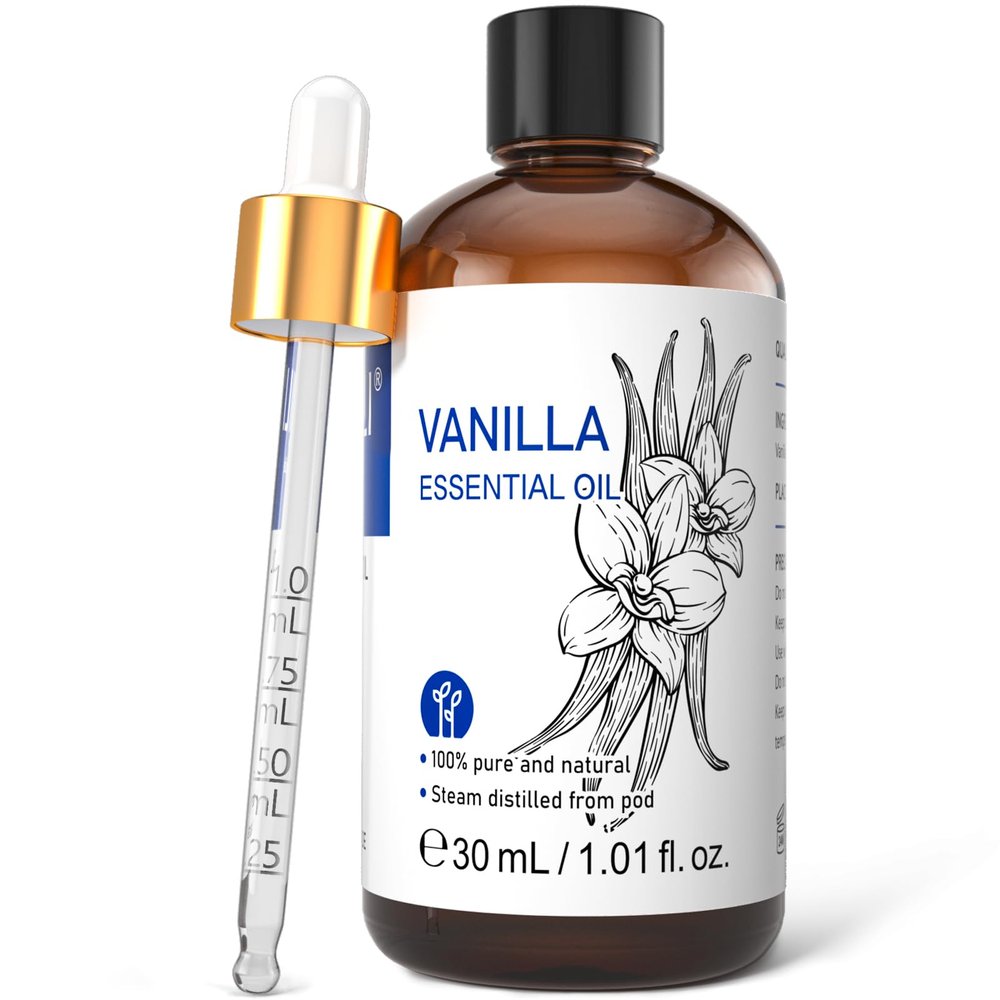 HIQILI 1 Fl Oz Vanilla Essential Oil, Undiluted Natural Strong Fragrance Add in Skin Perfume, Unscented Lotion, Candle Soap Making Scent, Relax at Home with Diffuse Warm Sweet Aroma