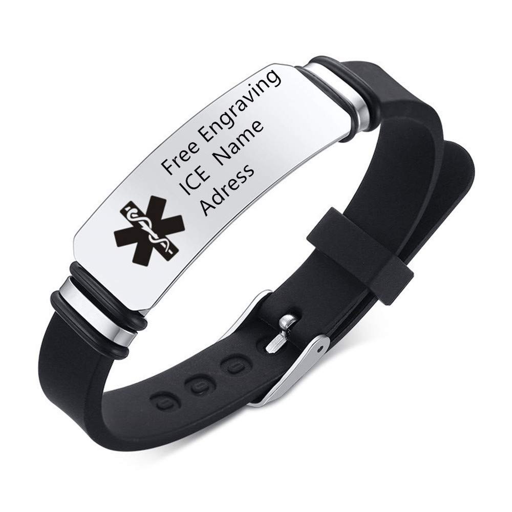 ZKXXJ Free Engraving Personalized Medical Alert ID Bracelet for Men Women - Silicone Wristband Sos Emergency Identification Bracelets,Healthy ICE Allergy Bracelet for Boyfriend Girlfriend Dad Mom