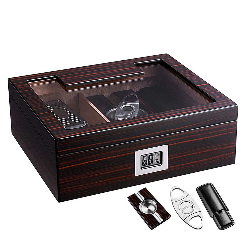 Cedar Wood Cigar Humidor Set Travel Cigar Set with Hygrometer Humidifier Ashtray Cutter & Cigar Holder Case Storage Box