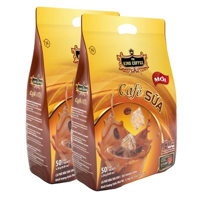 King Coffee Instant Cafe Sua Vietnamese Coffee Bag of 50 sachets x 24g include Sugar, Non-dairy creamer & Coffee Mix Authentic Vietnamese Coffee, Pack of 2