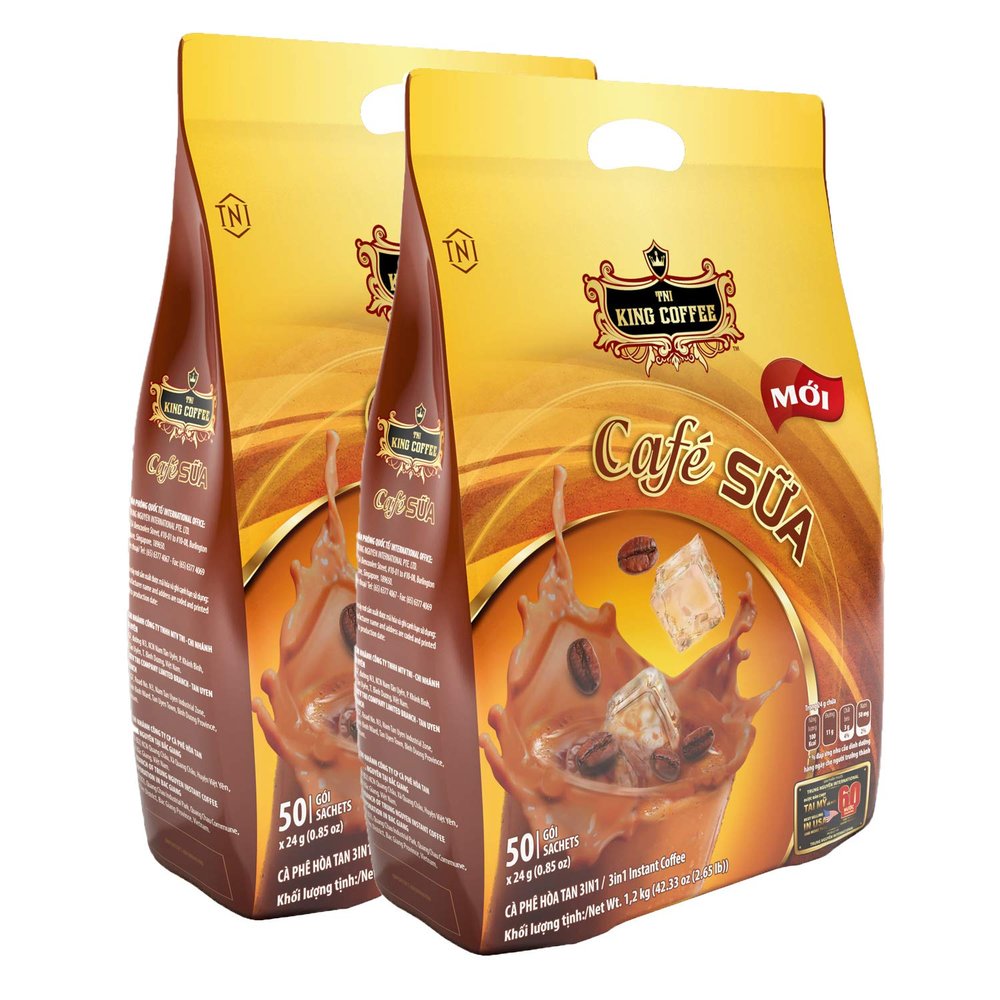 King Coffee Instant Cafe Sua Vietnamese Coffee Bag of 50 sachets x 24g include Sugar, Non-dairy creamer & Coffee Mix Authentic Vietnamese Coffee, Pack of 2