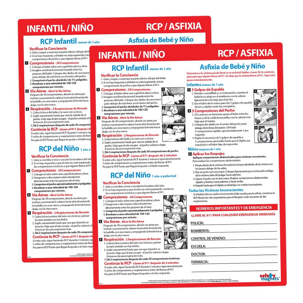 2 PACK: Infant and Child CPR/Choking First Aid in SPANISH - Laminated Card with Magnets - 8.5 x 11 in.