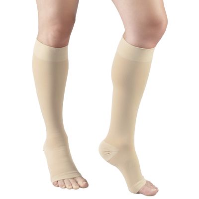Truform 20-30 mmHg Compression Microfiber Stockings for Men and Women, Knee High Length, Open Toe, Beige, Small