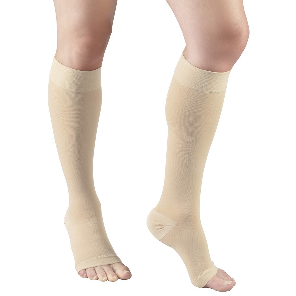 Truform 20-30 mmHg Compression Microfiber Stockings for Men and Women, Knee High Length, Open Toe, Beige, Large