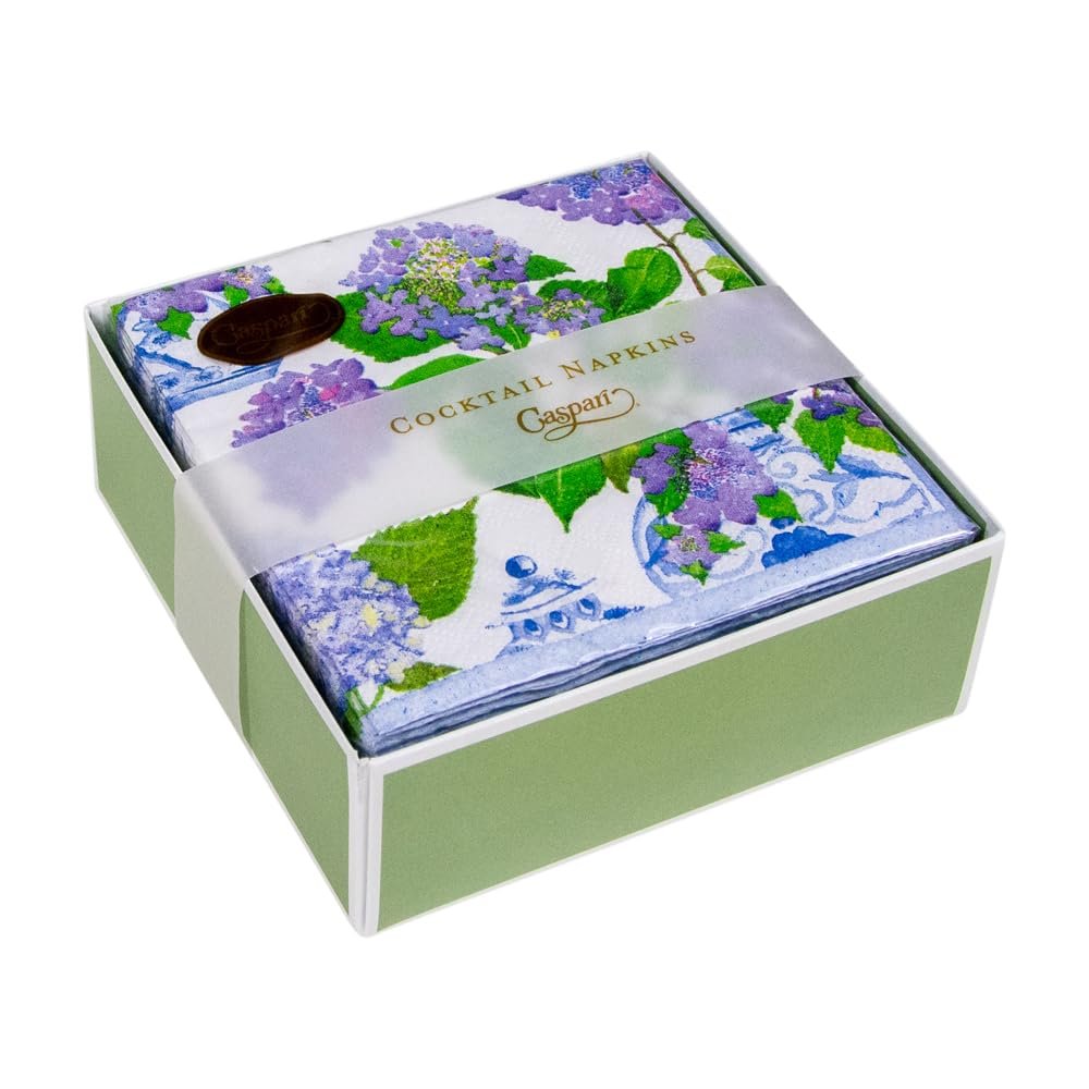 Caspari Hydrangeas and Porcelain Boxed Paper Cocktail Napkins - 120 Napkins